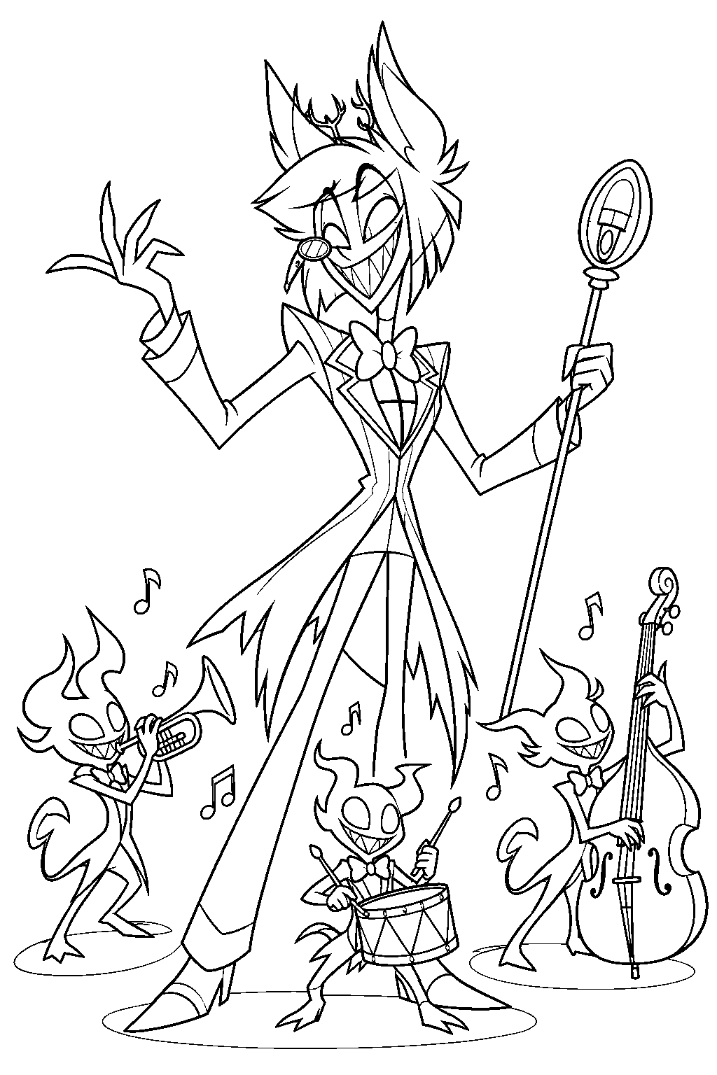 hazbin hotel alastor leading a chorus of tiny shadow performers line art