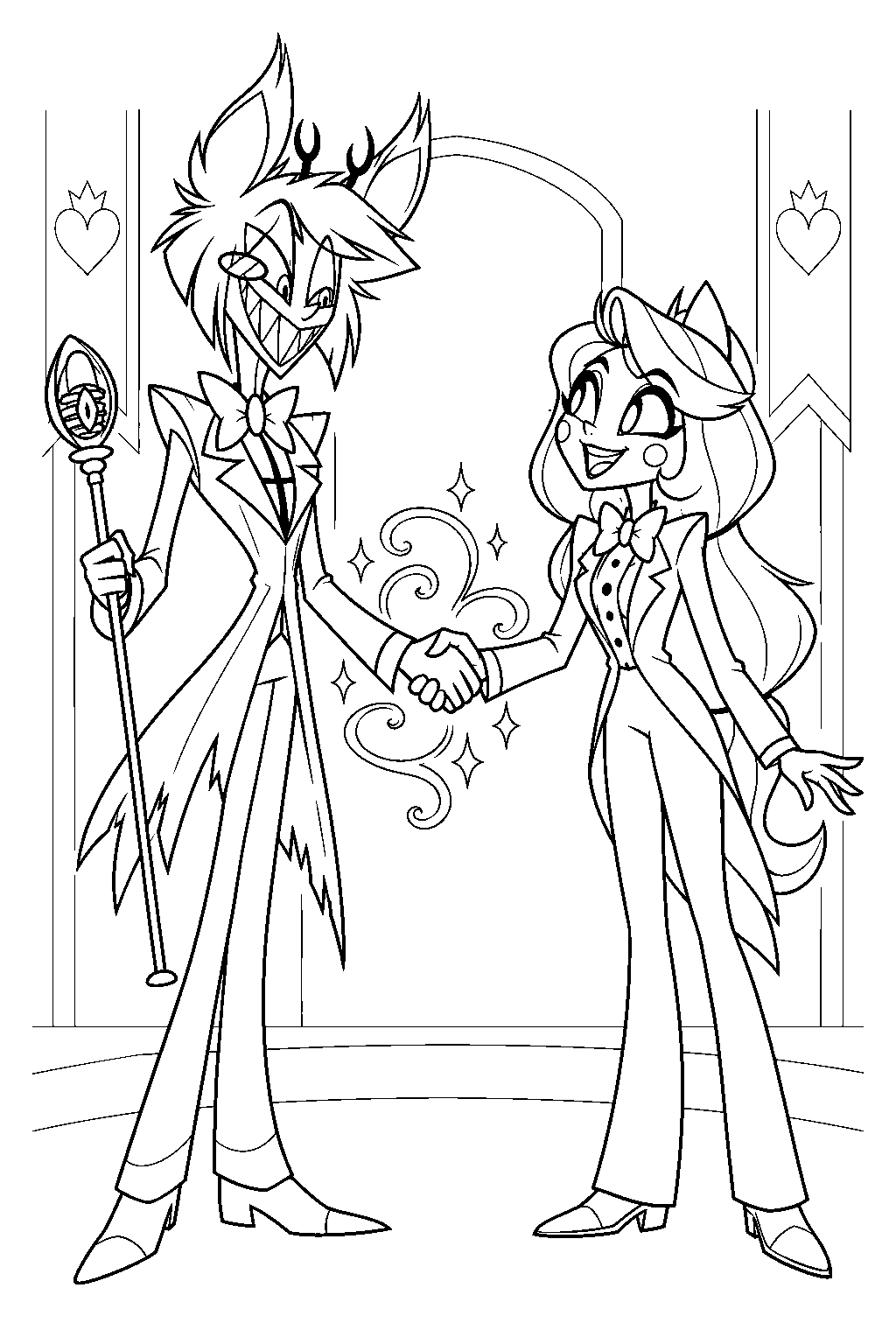 hazbin hotel alastor making a magical handshake deal with charlie morningstar line art