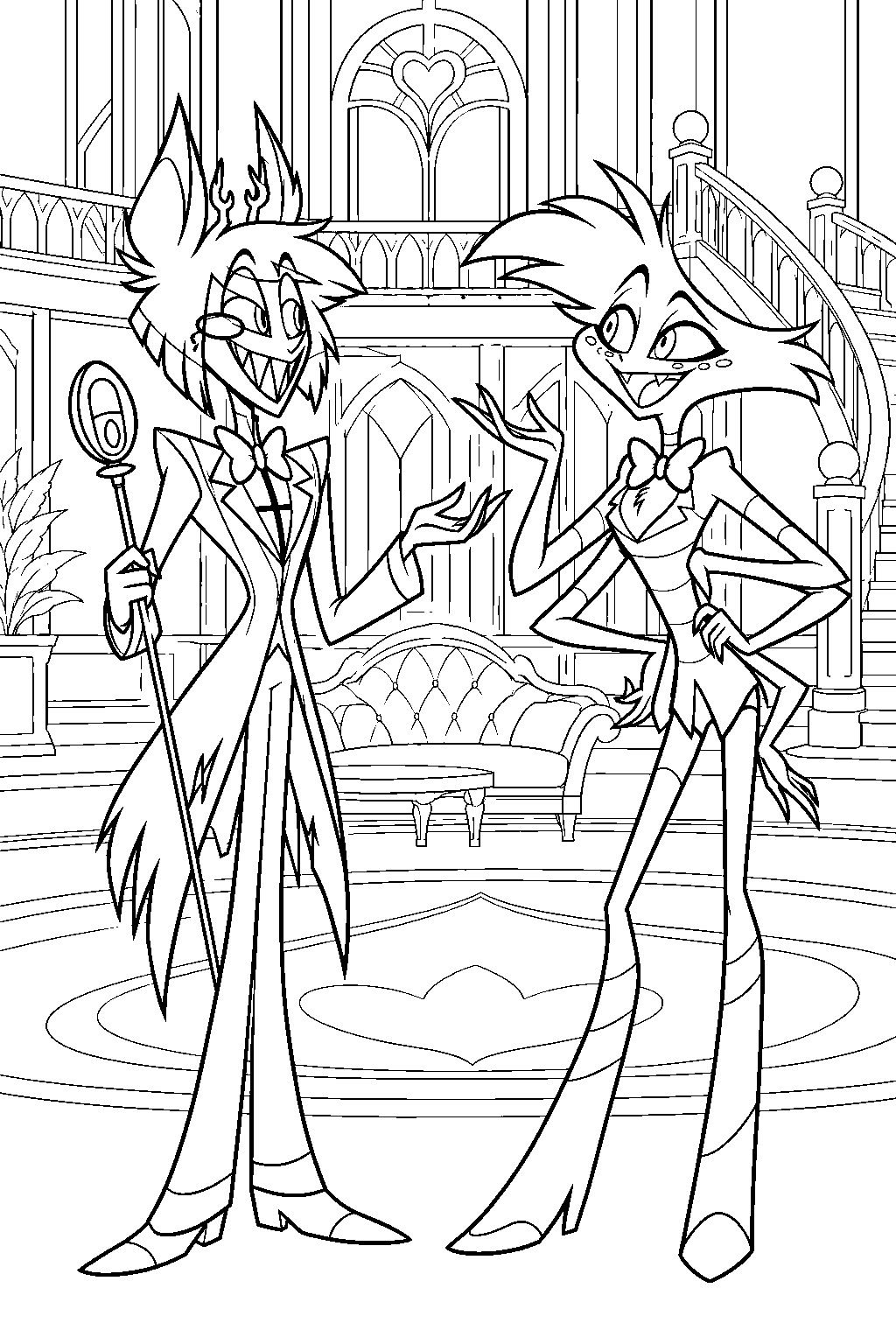 hazbin hotel alastor meeting angel dust in the hotel lobby line art