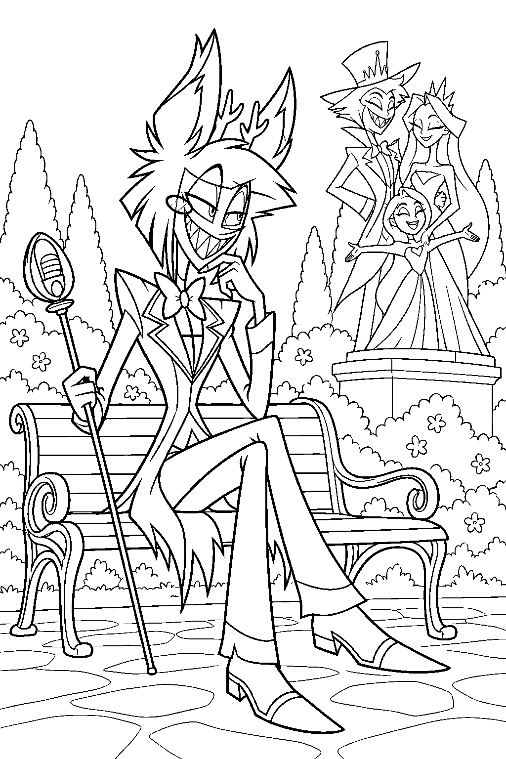 hazbin hotel alastor planning his next move beside the morningstar family statue line art