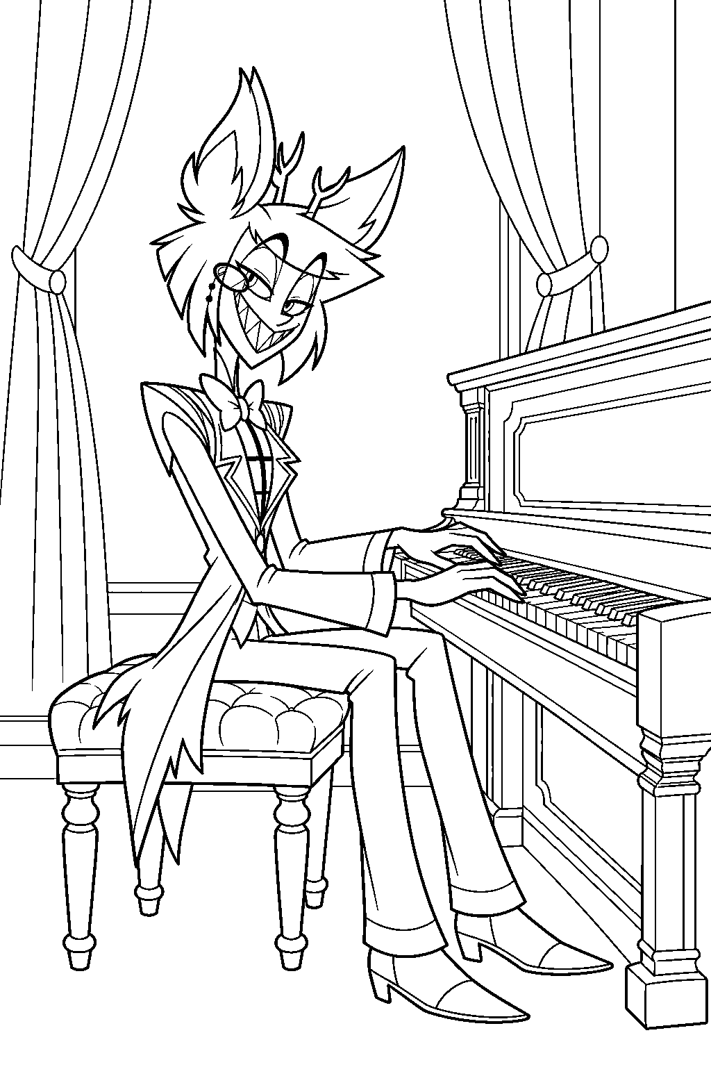 hazbin hotel alastor playing the piano in the hotel lounge line art