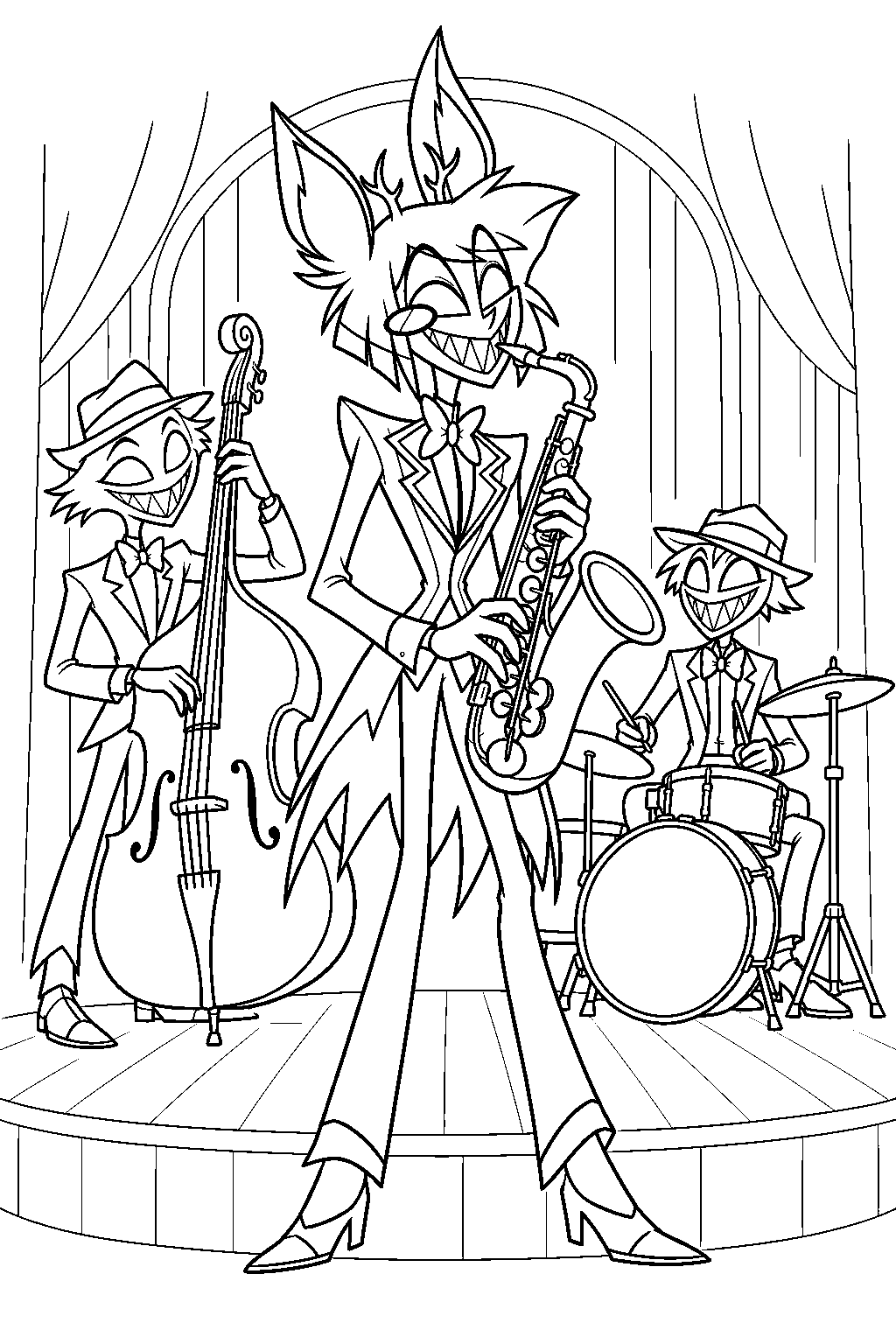 hazbin hotel alastor playing the saxophone with a jazz band line art