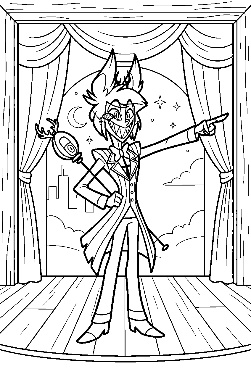 hazbin hotel alastor pointing in theater stage line art