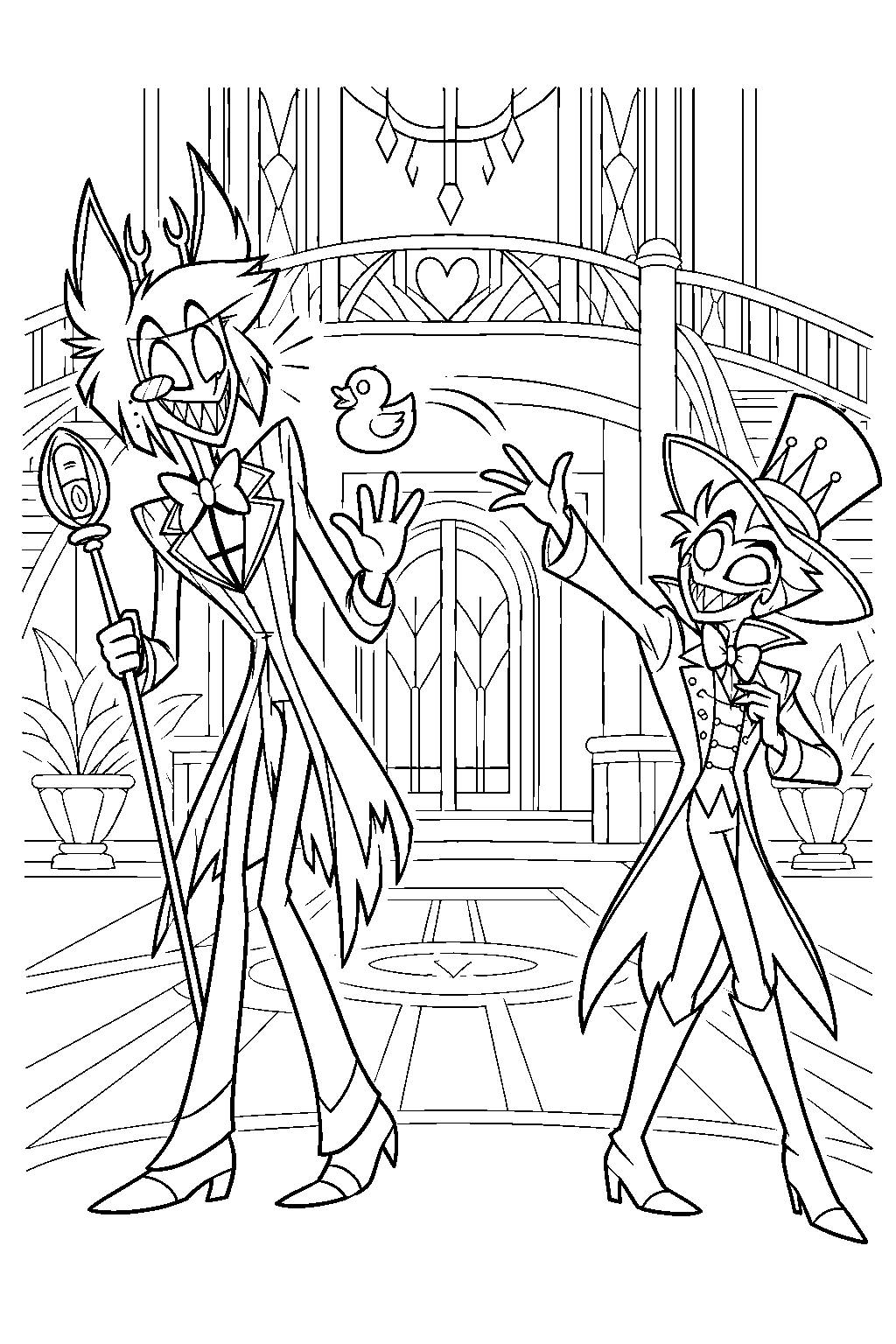 hazbin hotel alastor reacting to a rubber duck thrown by lucifer morningstar line art