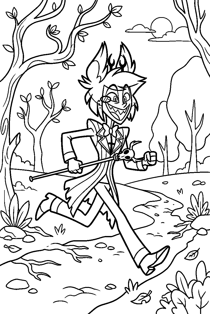 hazbin hotel alastor running in crimson forest line art