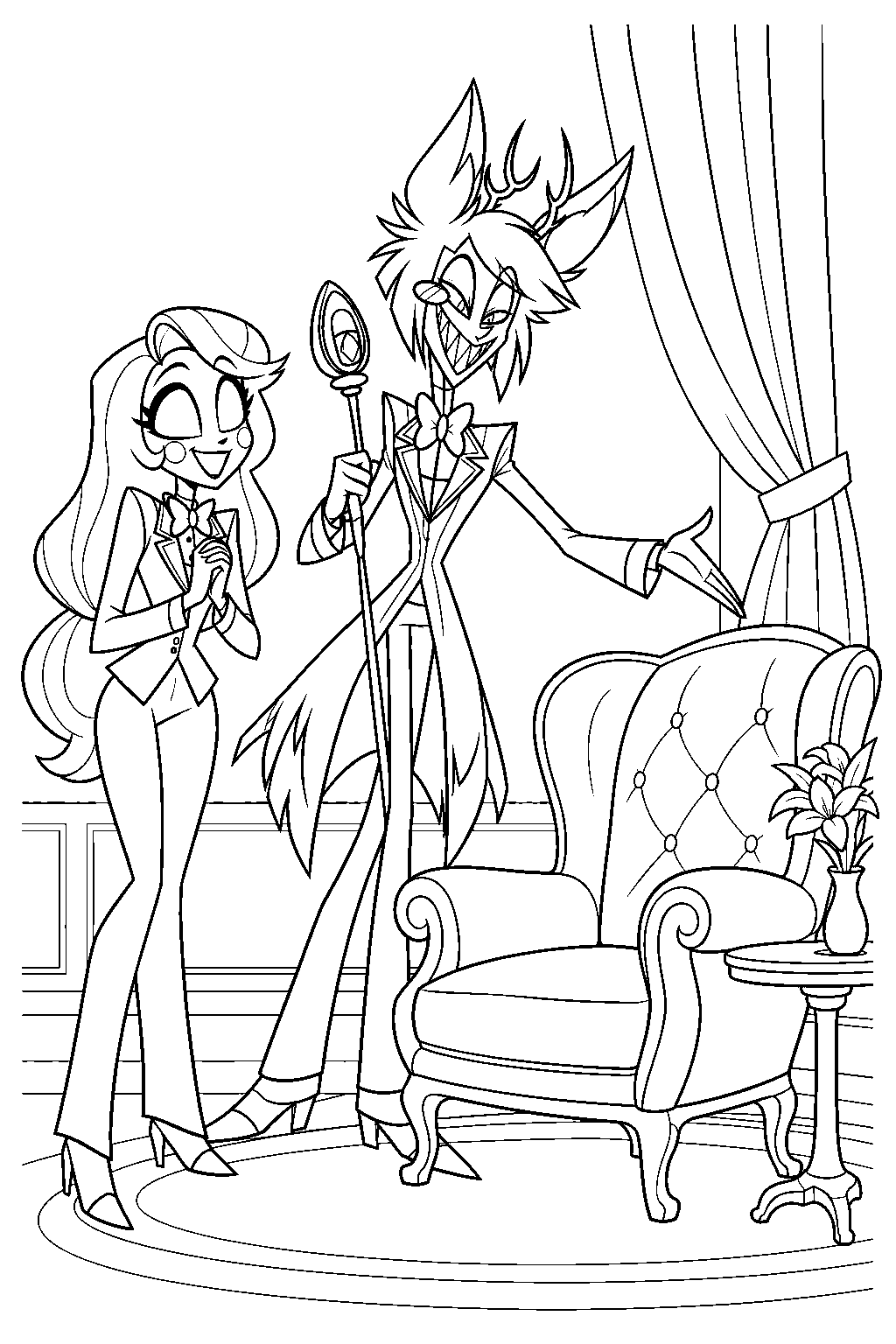 hazbin hotel alastor showing charlie morningstar the hotel s new lounge line art