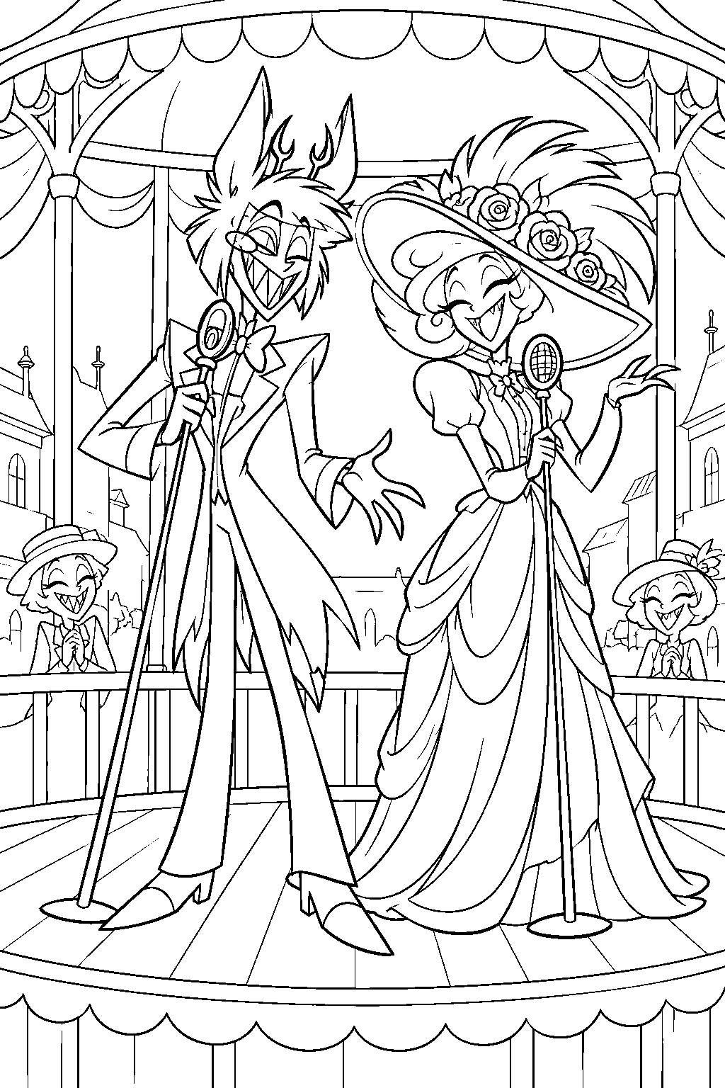 hazbin hotel alastor singing with rosie at the cannibal town rally line art