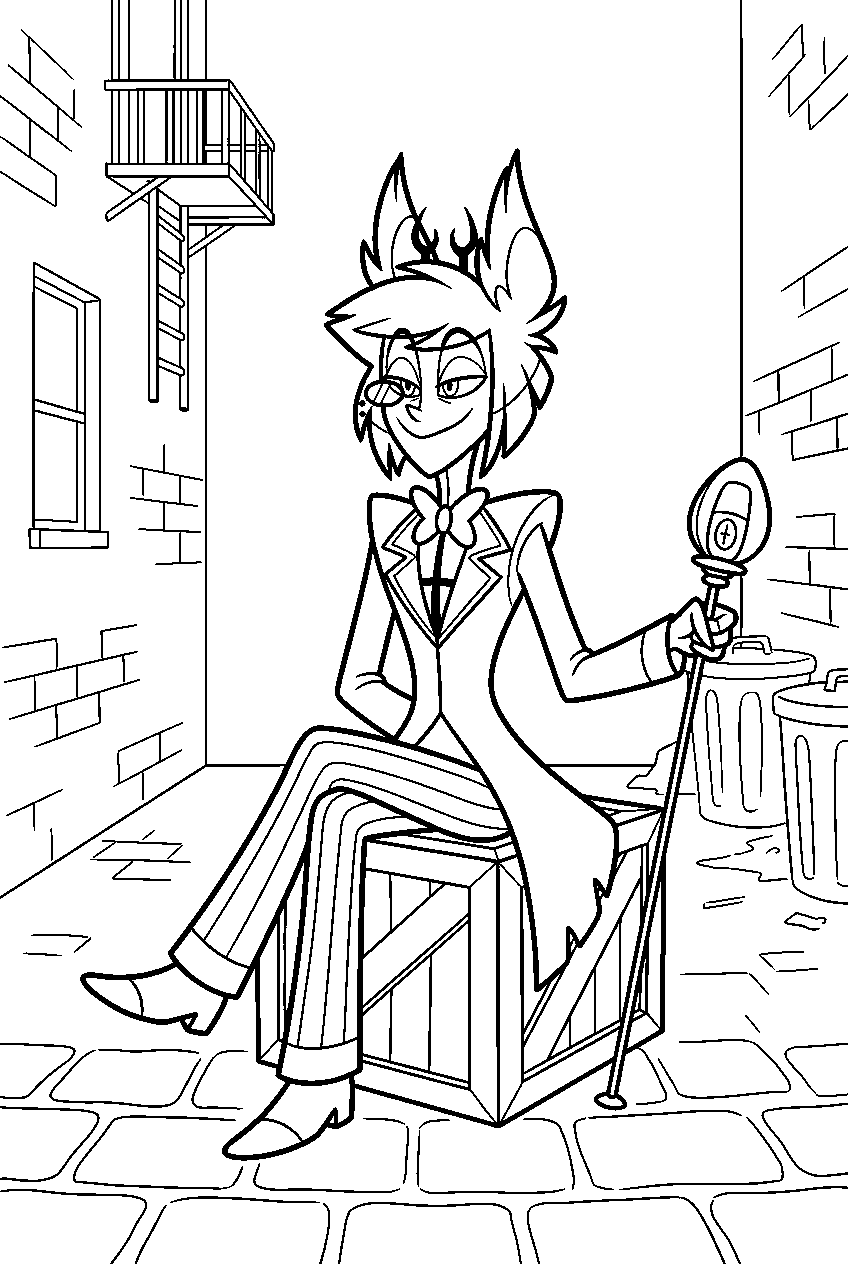 hazbin hotel alastor sitting in dark alley line art