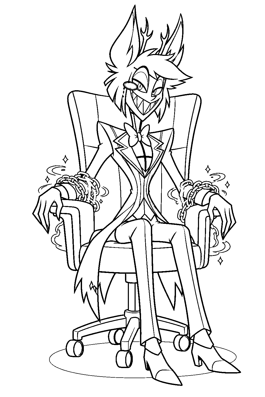 hazbin hotel alastor sitting in vox s rolling chair with magical restraints line art