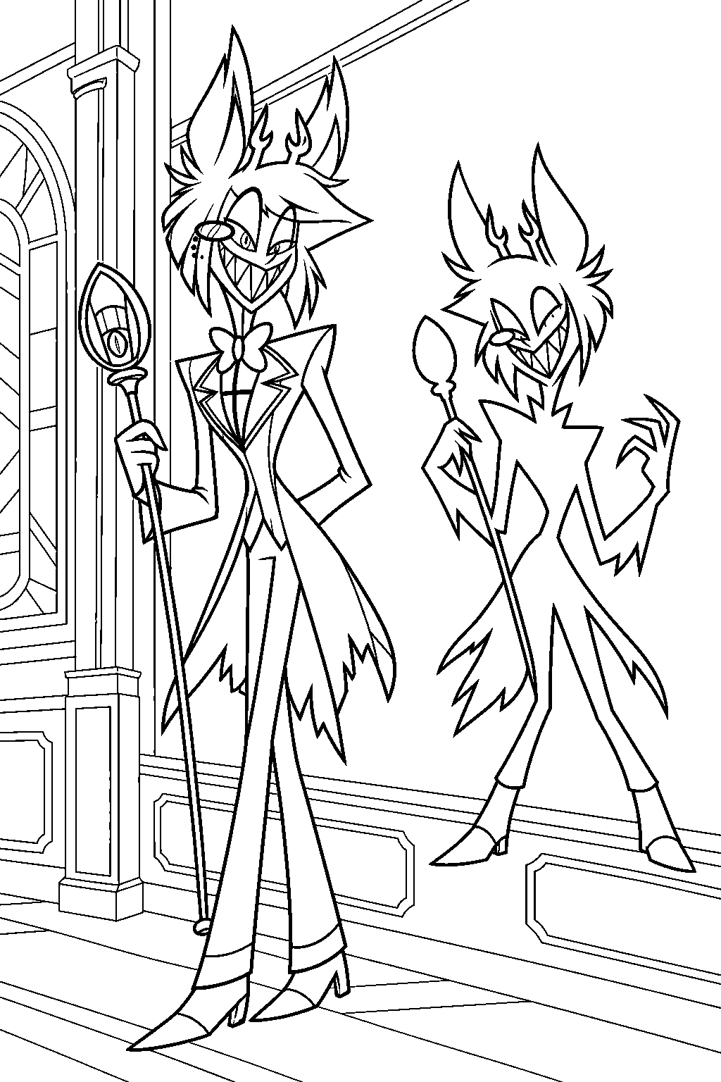 hazbin hotel alastor standing beside his grinning shadow on the hotel wall line art