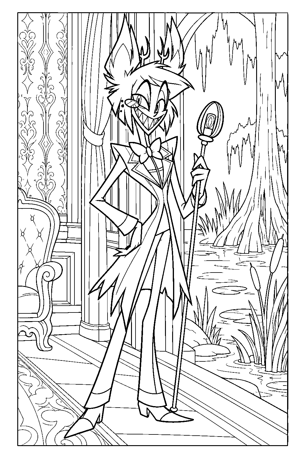 hazbin hotel alastor standing beside the swamp inside his hotel room line art