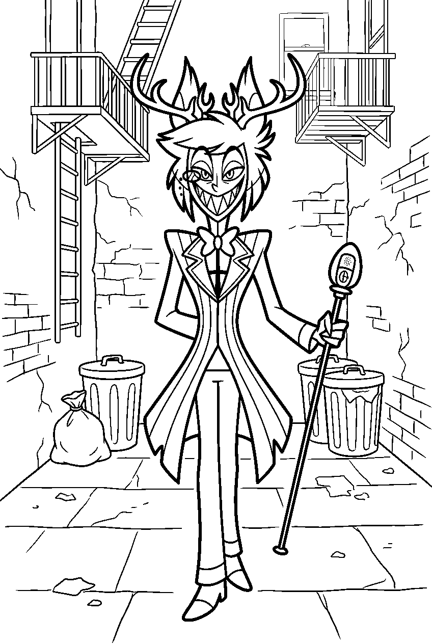 hazbin hotel alastor standing in dark alley line art