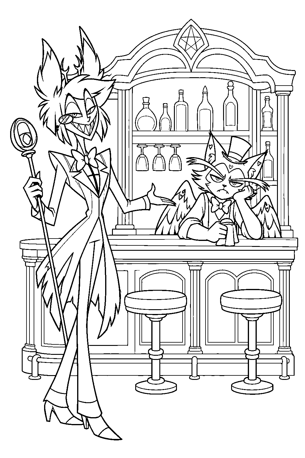hazbin hotel alastor summoning husk behind the hotel bar line art