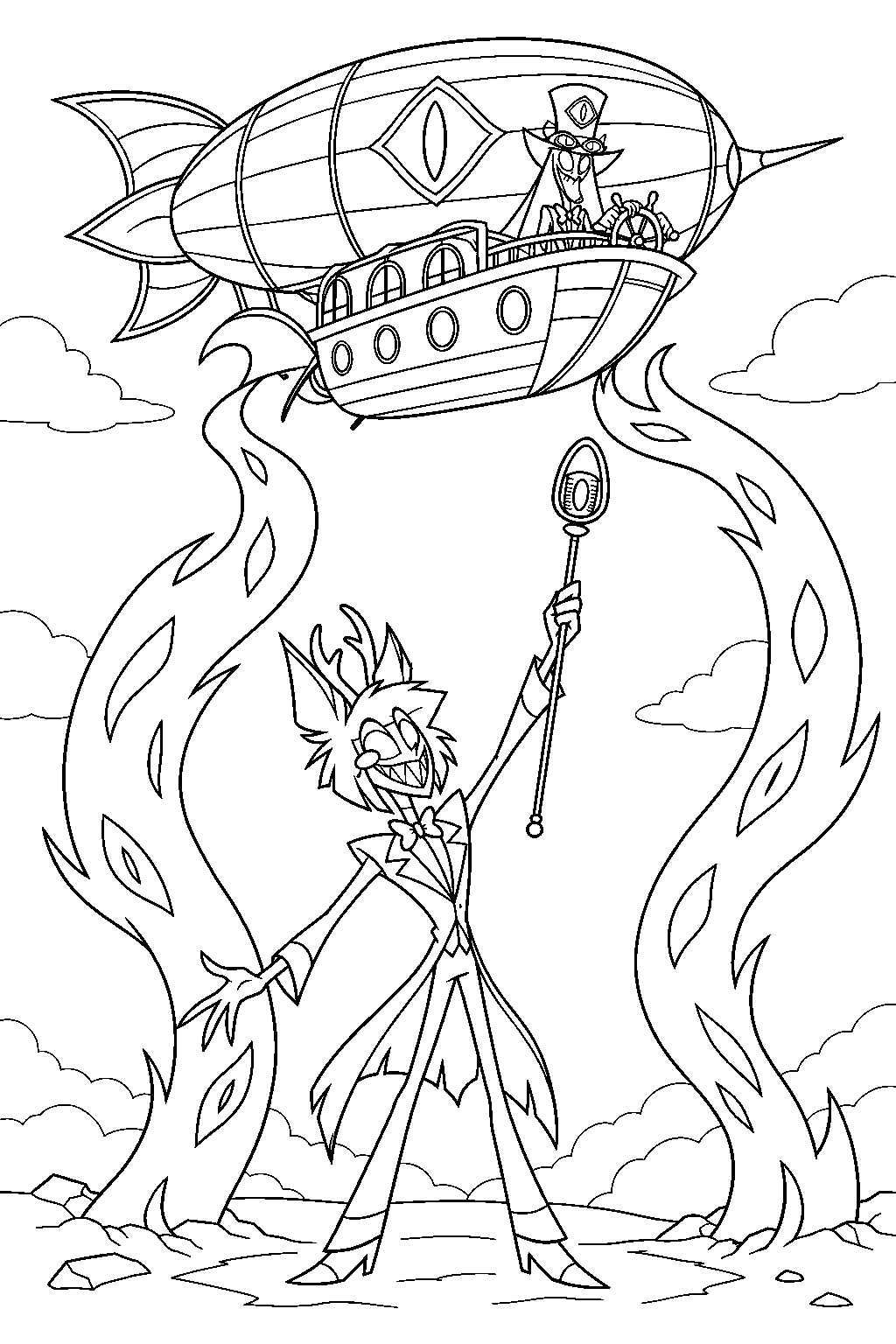 hazbin hotel alastor summoning shadow tentacles beneath sir pentious s airship line art