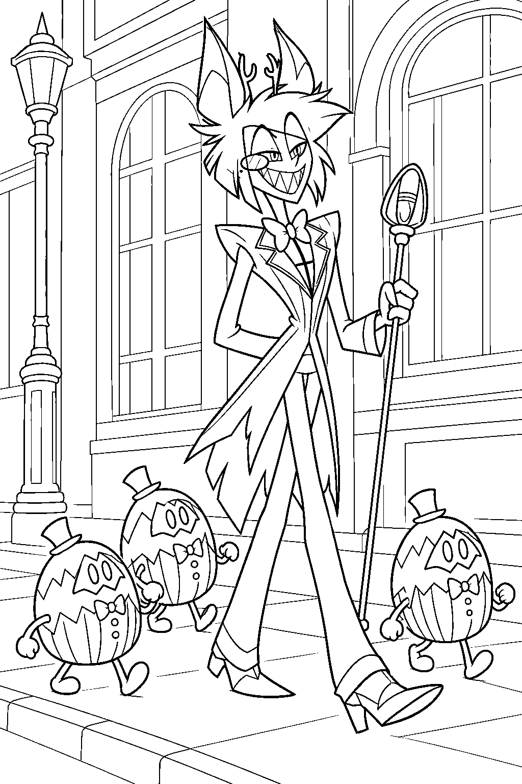 hazbin hotel alastor walking through pentagram city with the egg boiz line art
