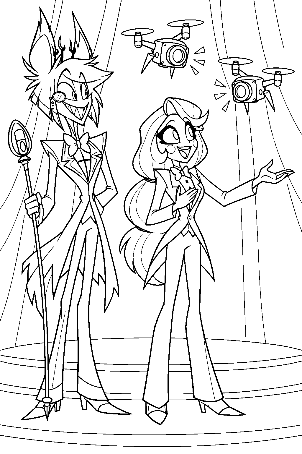 hazbin hotel alastor watching charlie morningstar address vox s camera drones line art