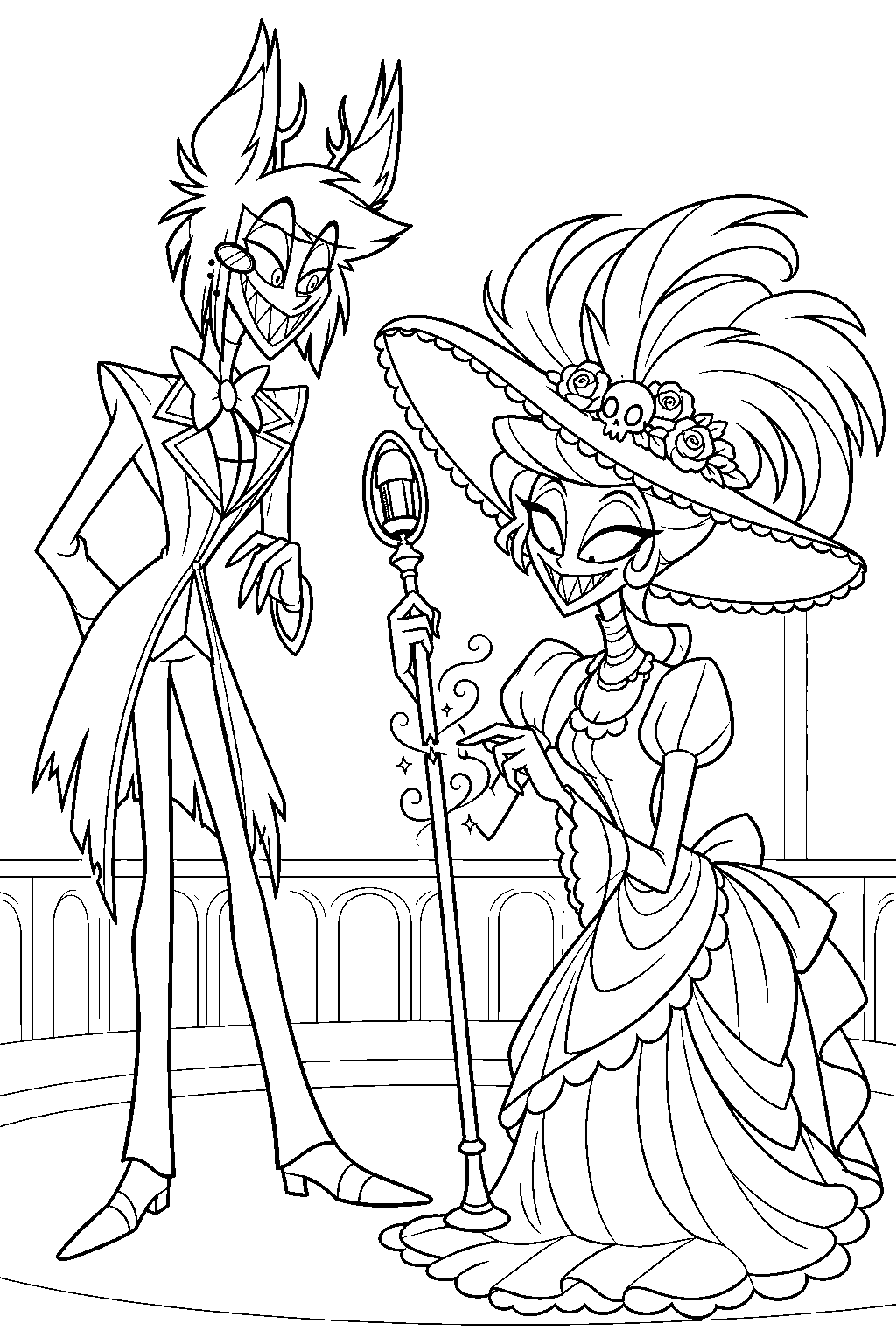 hazbin hotel alastor watching rosie repair his microphone staff line art