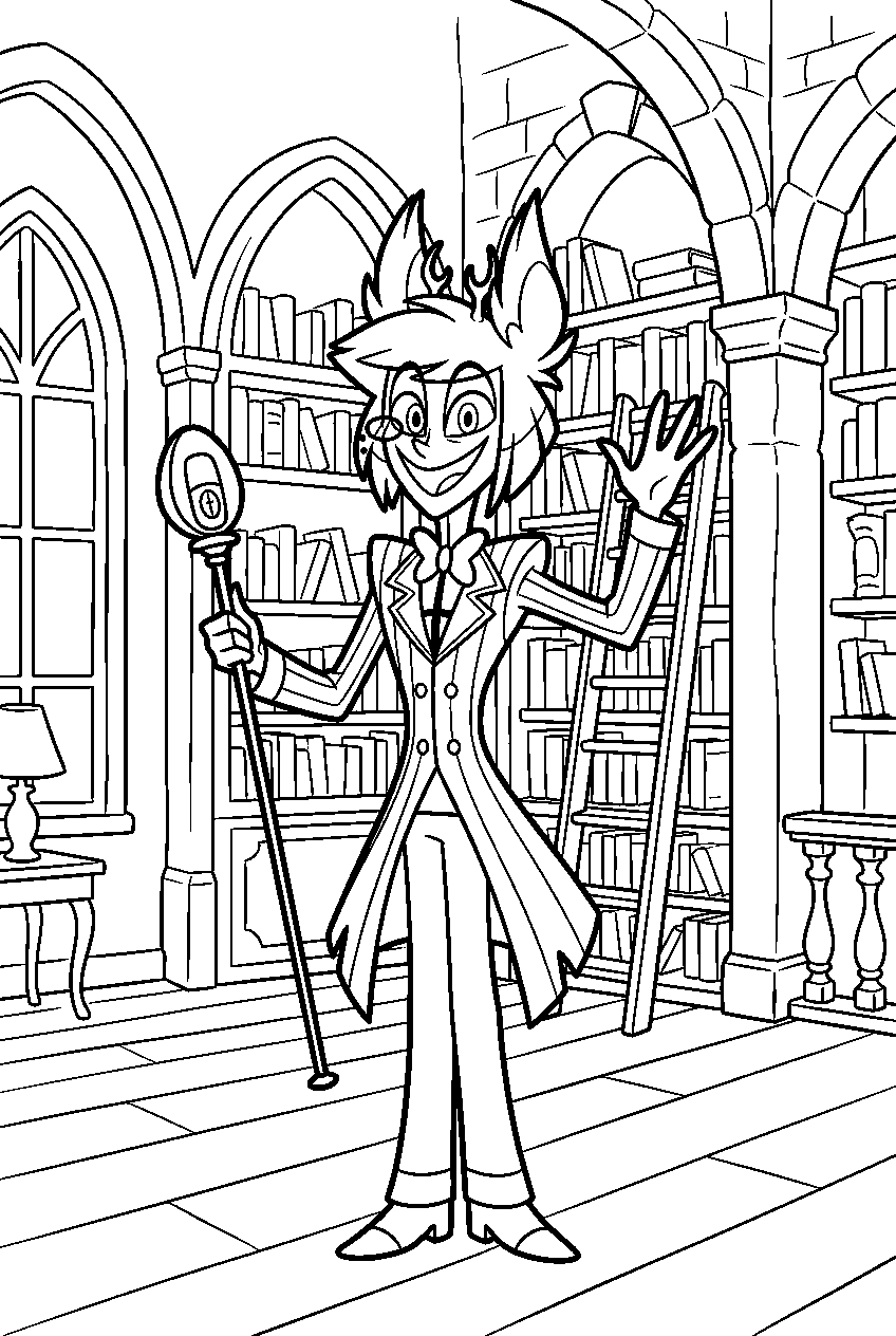hazbin hotel alastor waving in ancient library line art