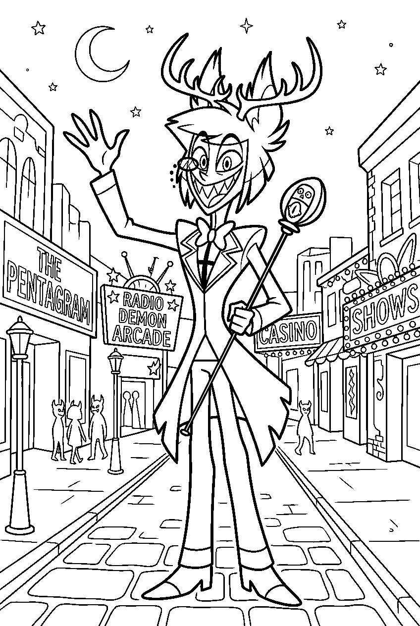 hazbin hotel alastor waving in entertainment district line art