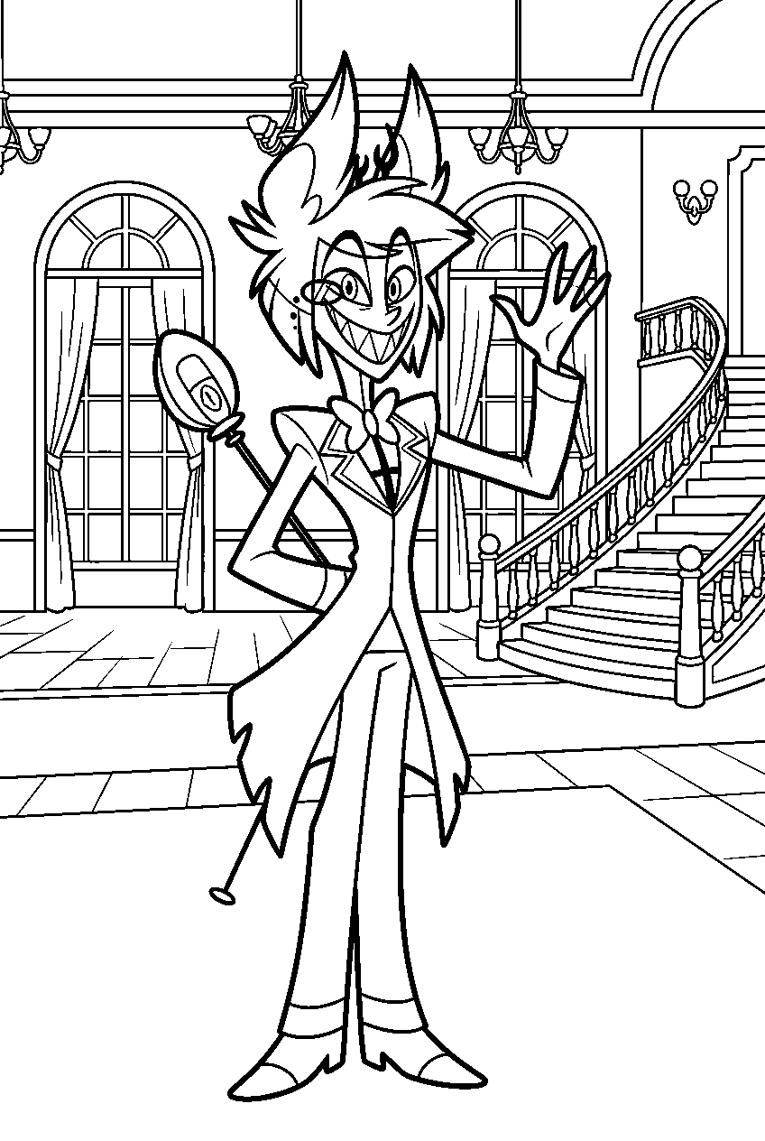 hazbin hotel alastor waving in hotel ballroom line art