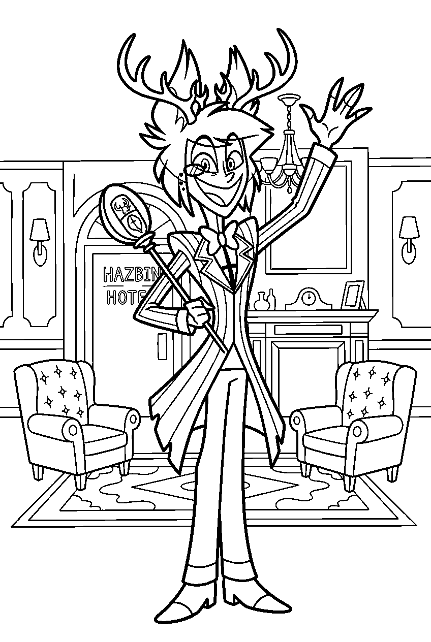 hazbin hotel alastor waving in hotel lobby line art