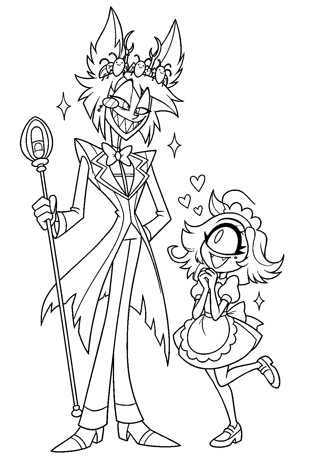 hazbin hotel alastor wearing the cockroach crown niffty made for him line art