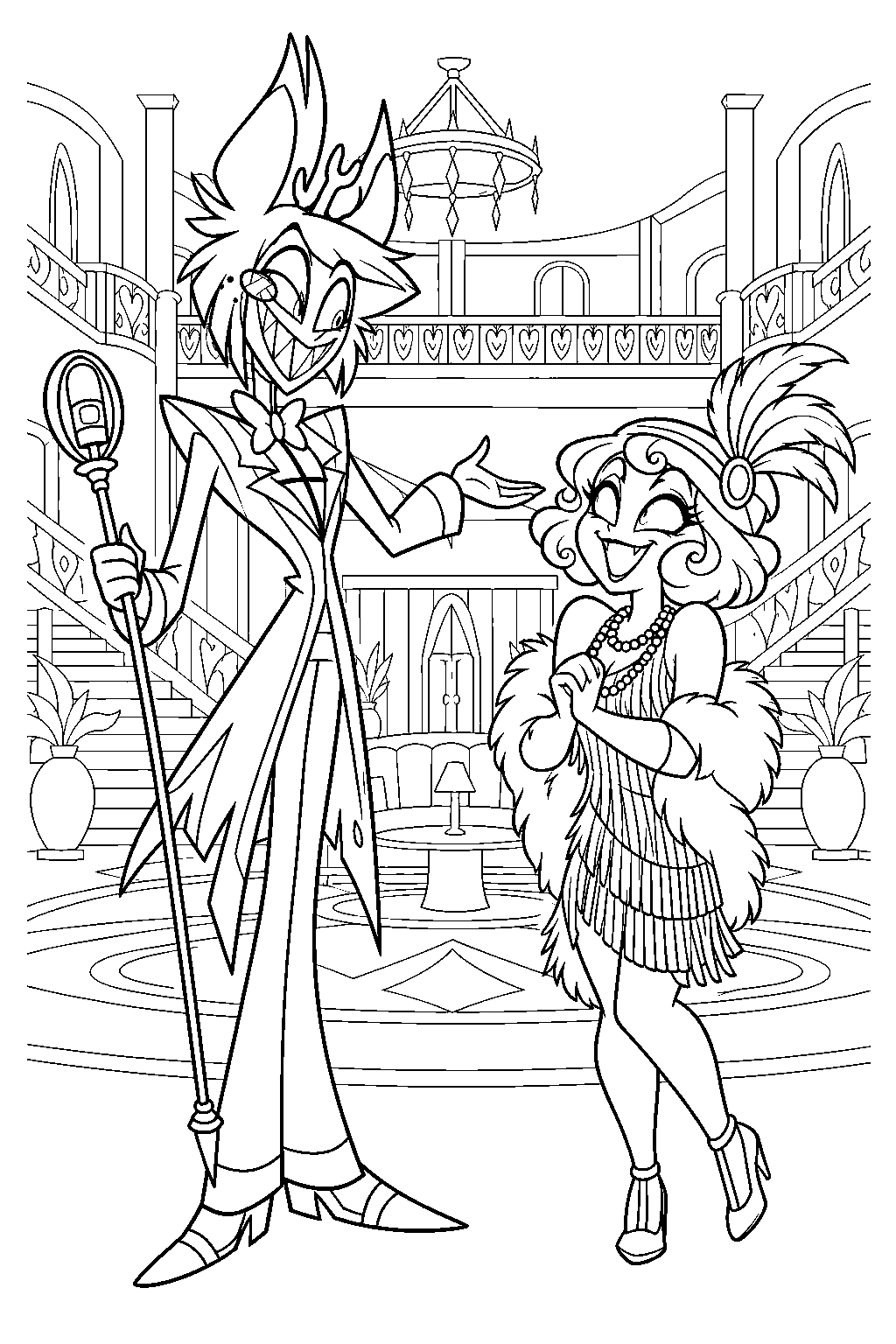 hazbin hotel alastor welcoming mimzy into the hotel lounge line art