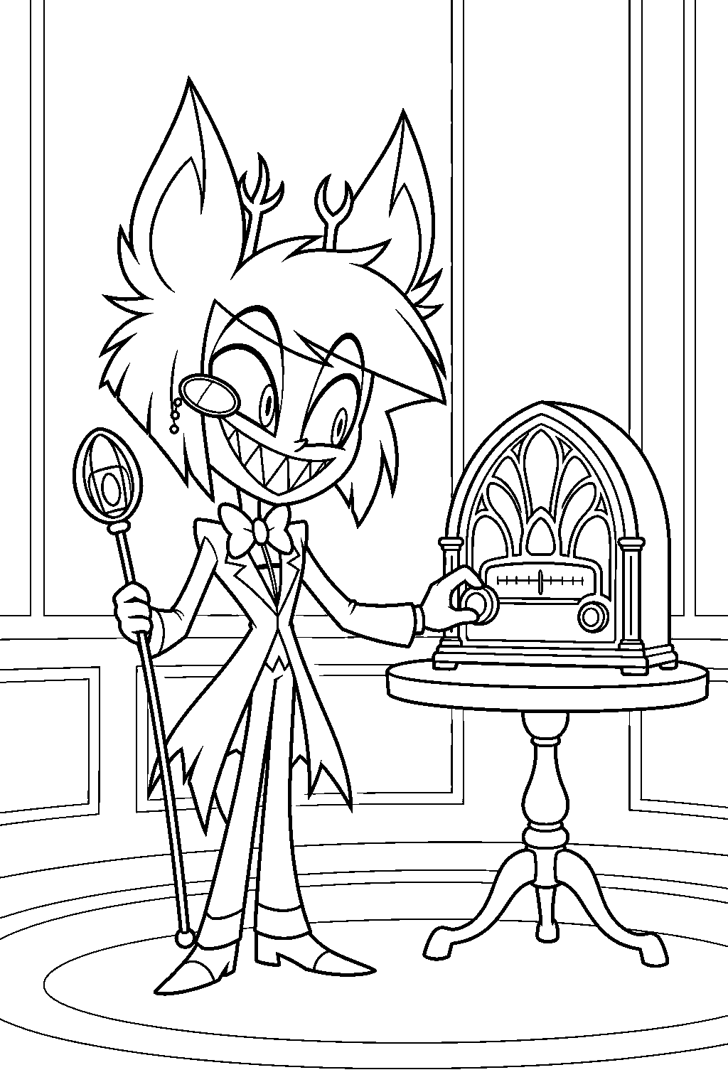 hazbin hotel chibi alastor tuning an antique tabletop radio line art