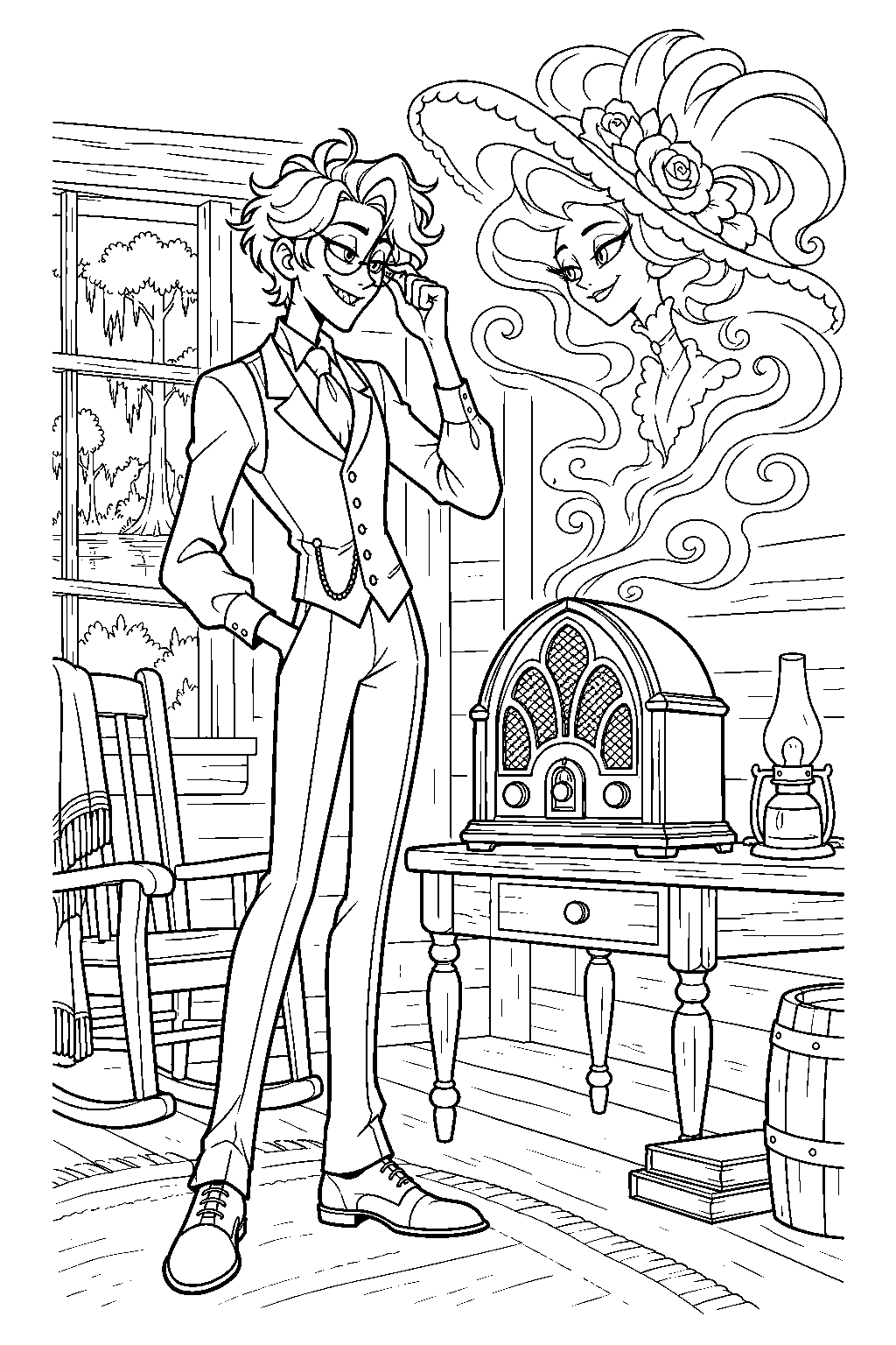hazbin hotel human alastor contacting rosie through a radio in his bayou cottage line art