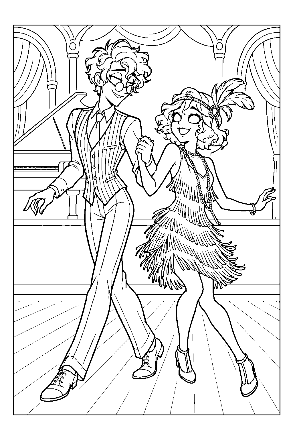 hazbin hotel human alastor dancing with mimzy at a new orleans jazz club line art