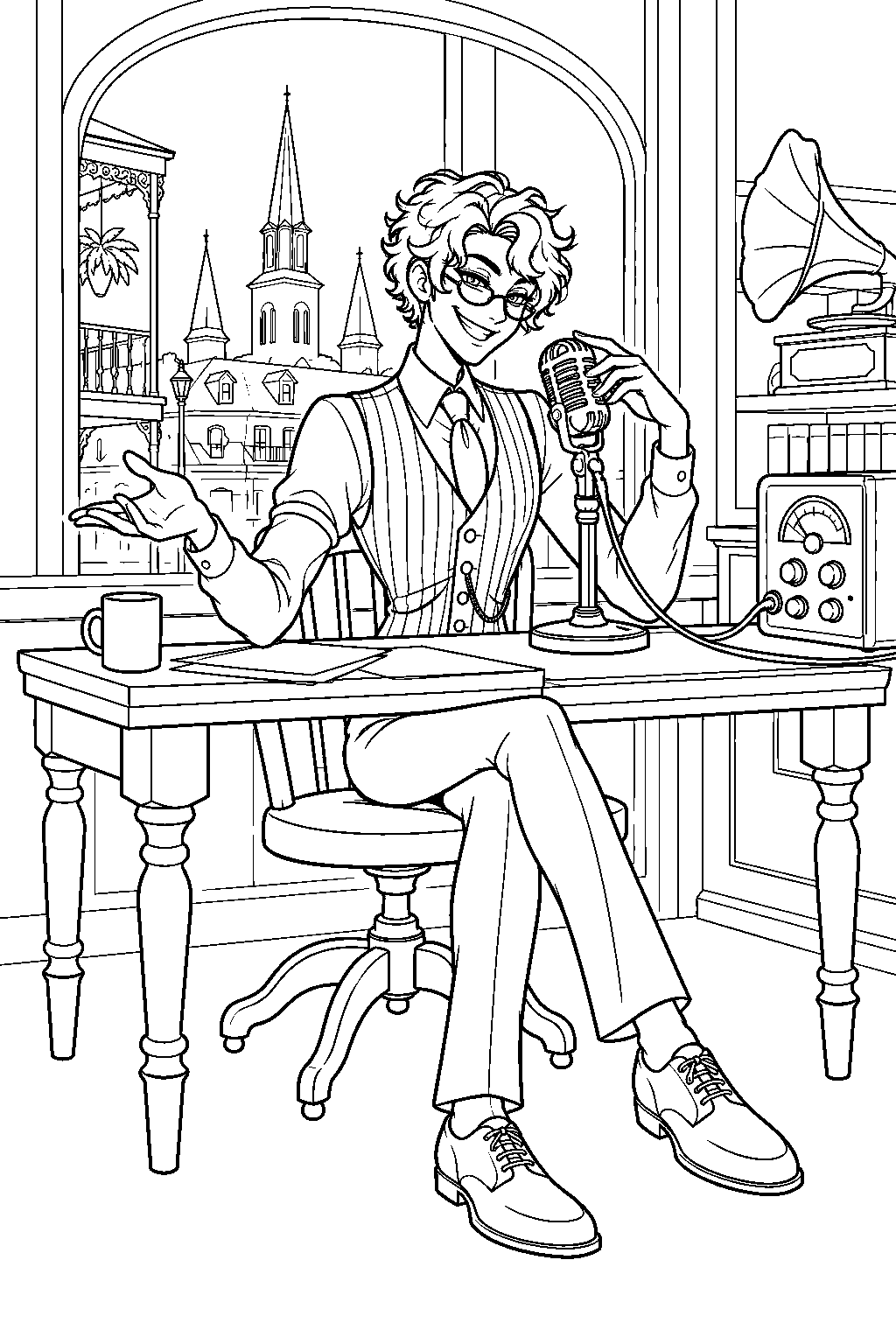 hazbin hotel human alastor hosting his new orleans radio show line art