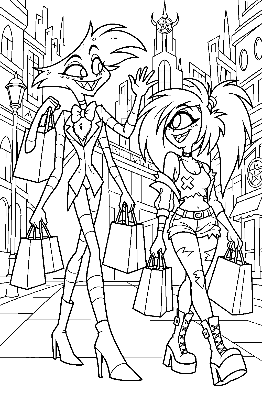 hazbin hotel angel dust and cherri bomb carrying shopping bags through pentagram city line art