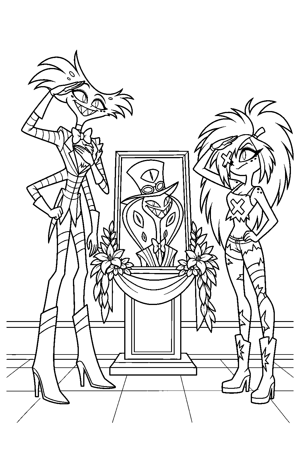 hazbin hotel angel dust and cherri bomb saluting sir pentious memorial portrait line art