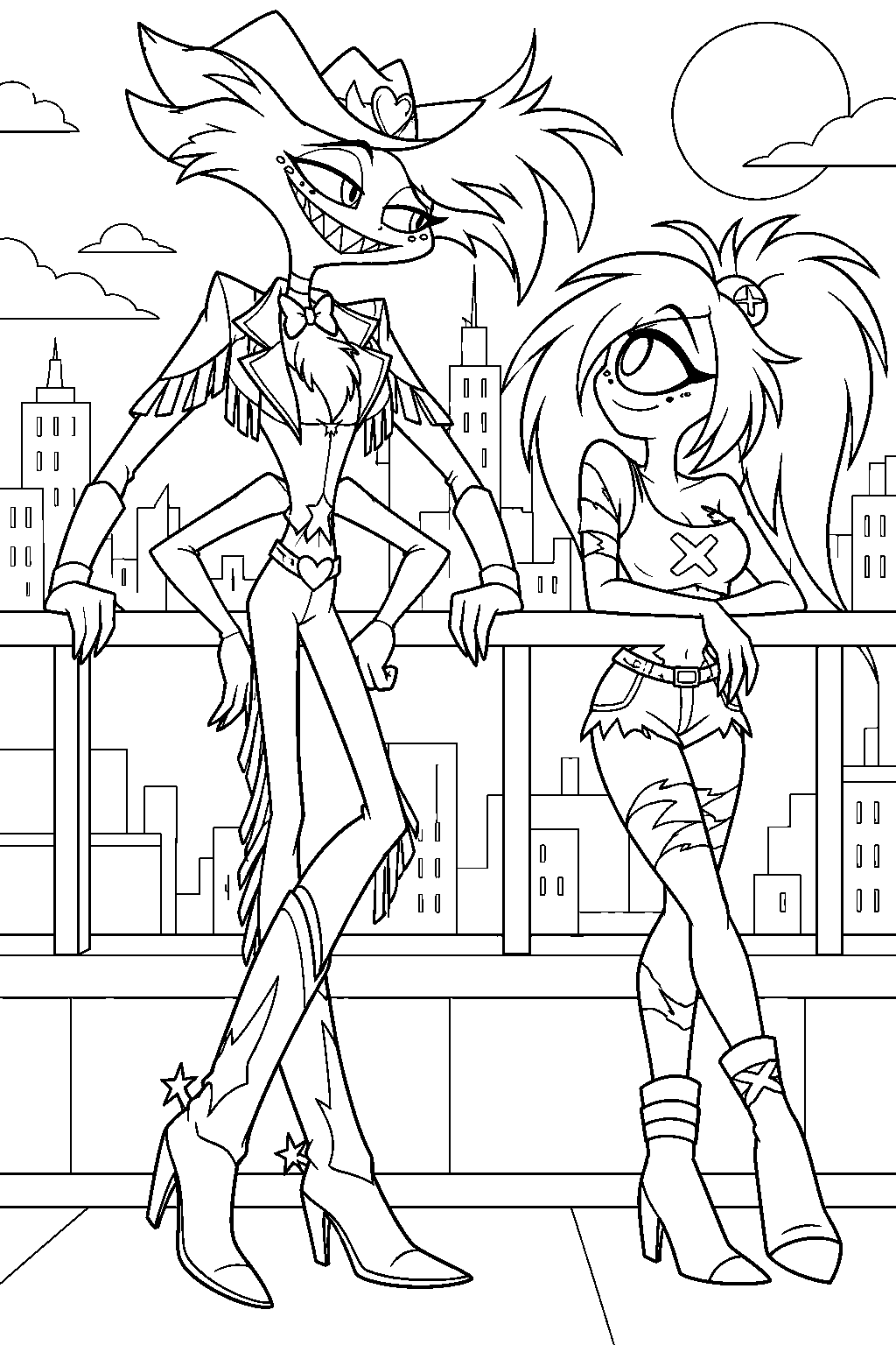 hazbin hotel angel dust and cherri bomb sharing a quiet moment at the rooftop railing line art