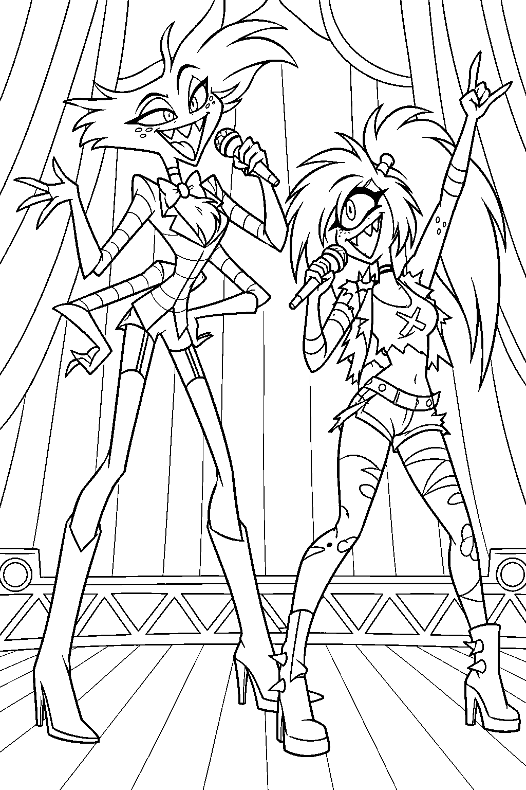 hazbin hotel angel dust and cherri bomb singing addict on the club stage line art