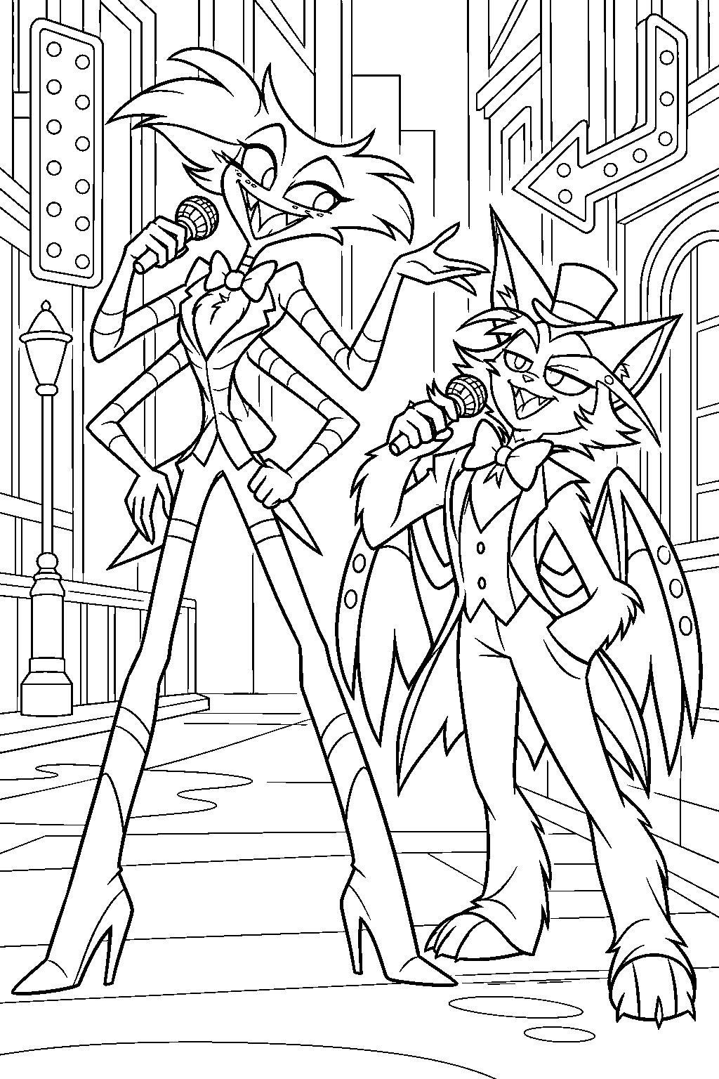 hazbin hotel angel dust and husk singing loser baby beneath neon street signs line art