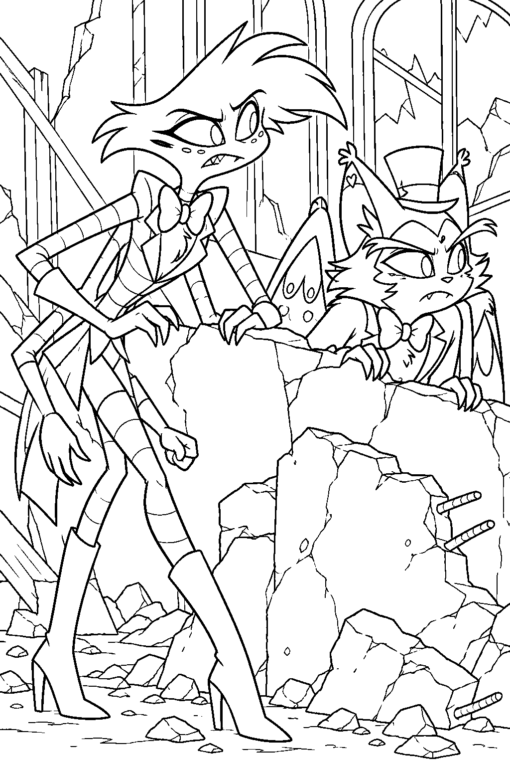 hazbin hotel angel dust and husk taking cover behind the broken hotel walls line art