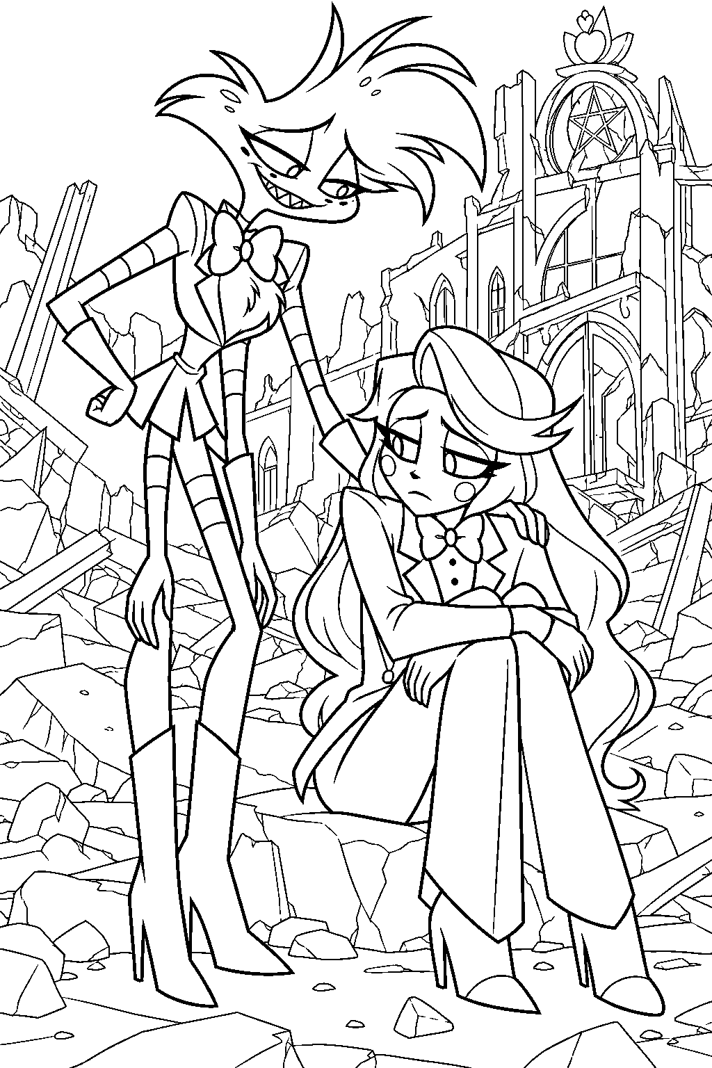 hazbin hotel angel dust comforting charlie morningstar beside the ruined hotel line art