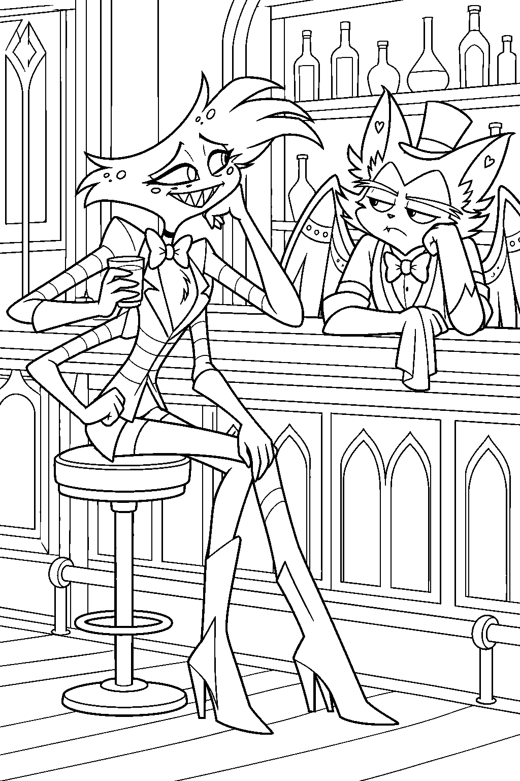 hazbin hotel angel dust confiding in husk at the hotel bar line art