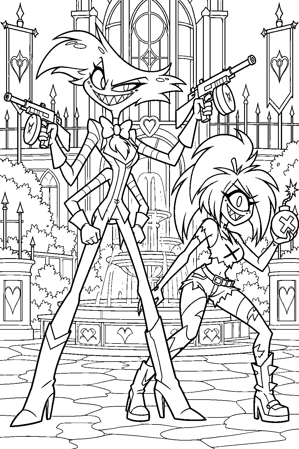 hazbin hotel angel dust defending the hotel courtyard alongside cherri bomb line art