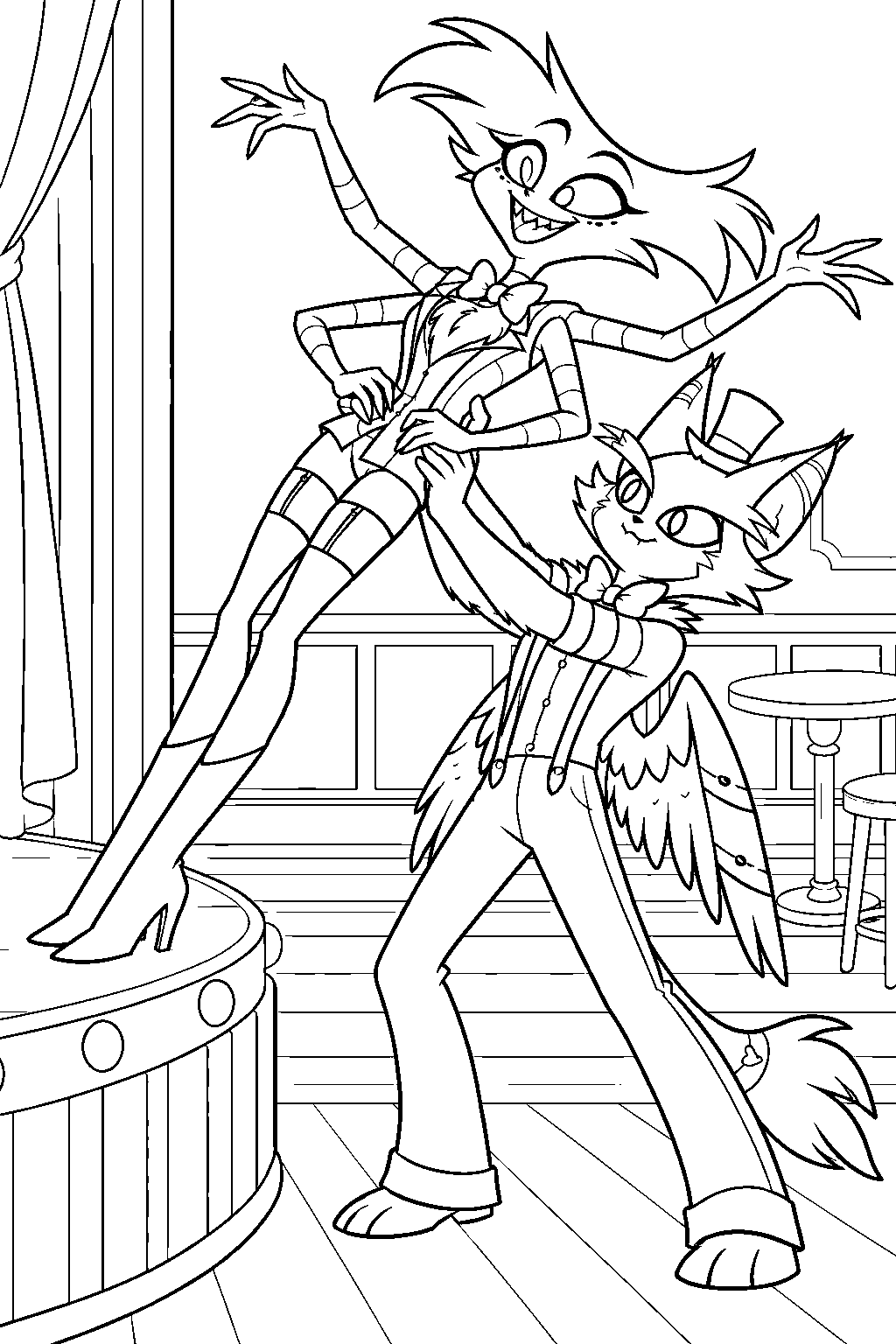 hazbin hotel angel dust doing a trust fall into husk s arms line art