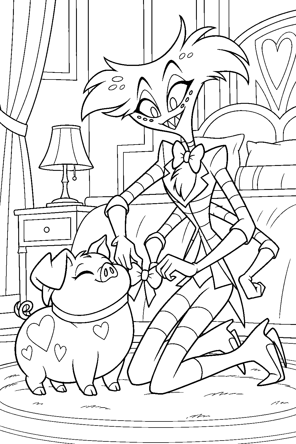 hazbin hotel angel dust fastening fat nuggets bow collar in his hotel room line art