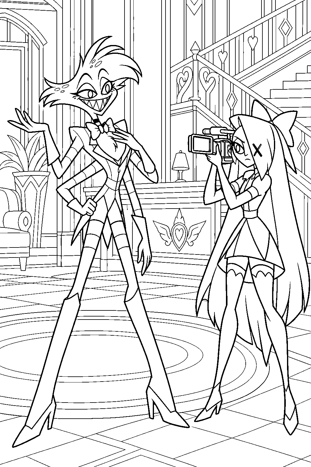 hazbin hotel angel dust filming the hotel commercial with vaggie and her camera line art