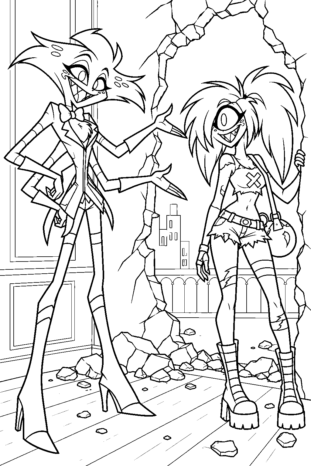 hazbin hotel angel dust greeting cherri bomb through the broken hotel wall line art