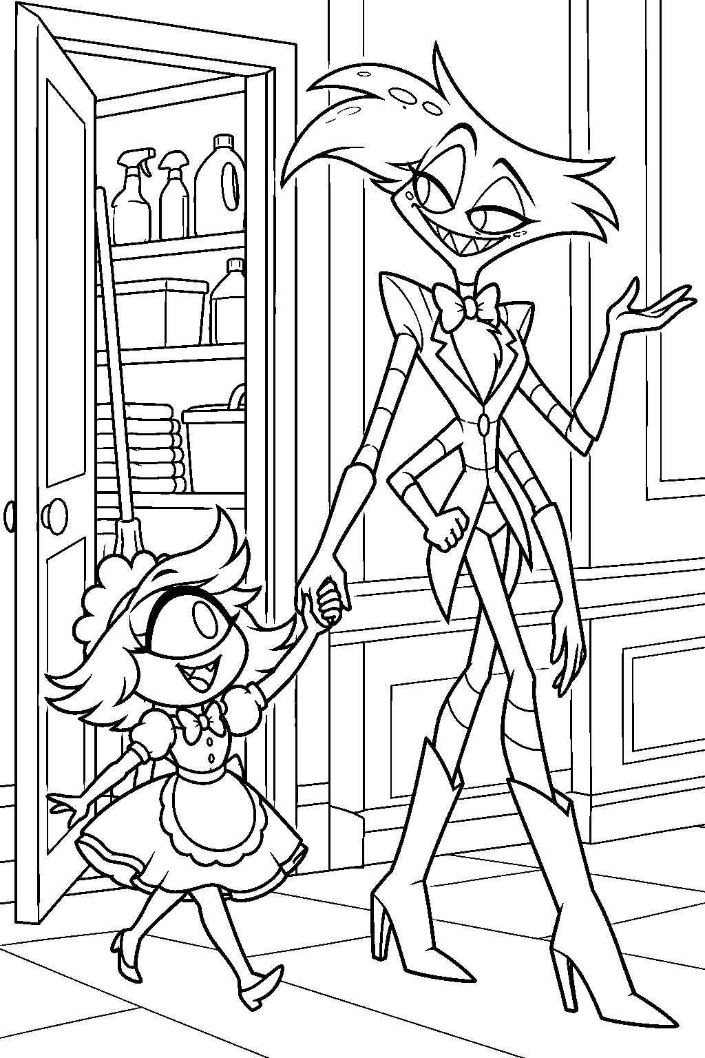 hazbin hotel angel dust guiding niffty away from the nightclub supply closet line art