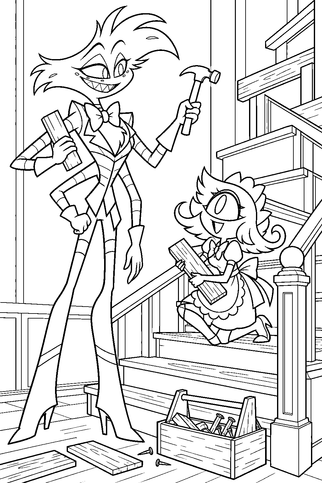 hazbin hotel angel dust helping niffty rebuild the hotel s wooden staircase line art
