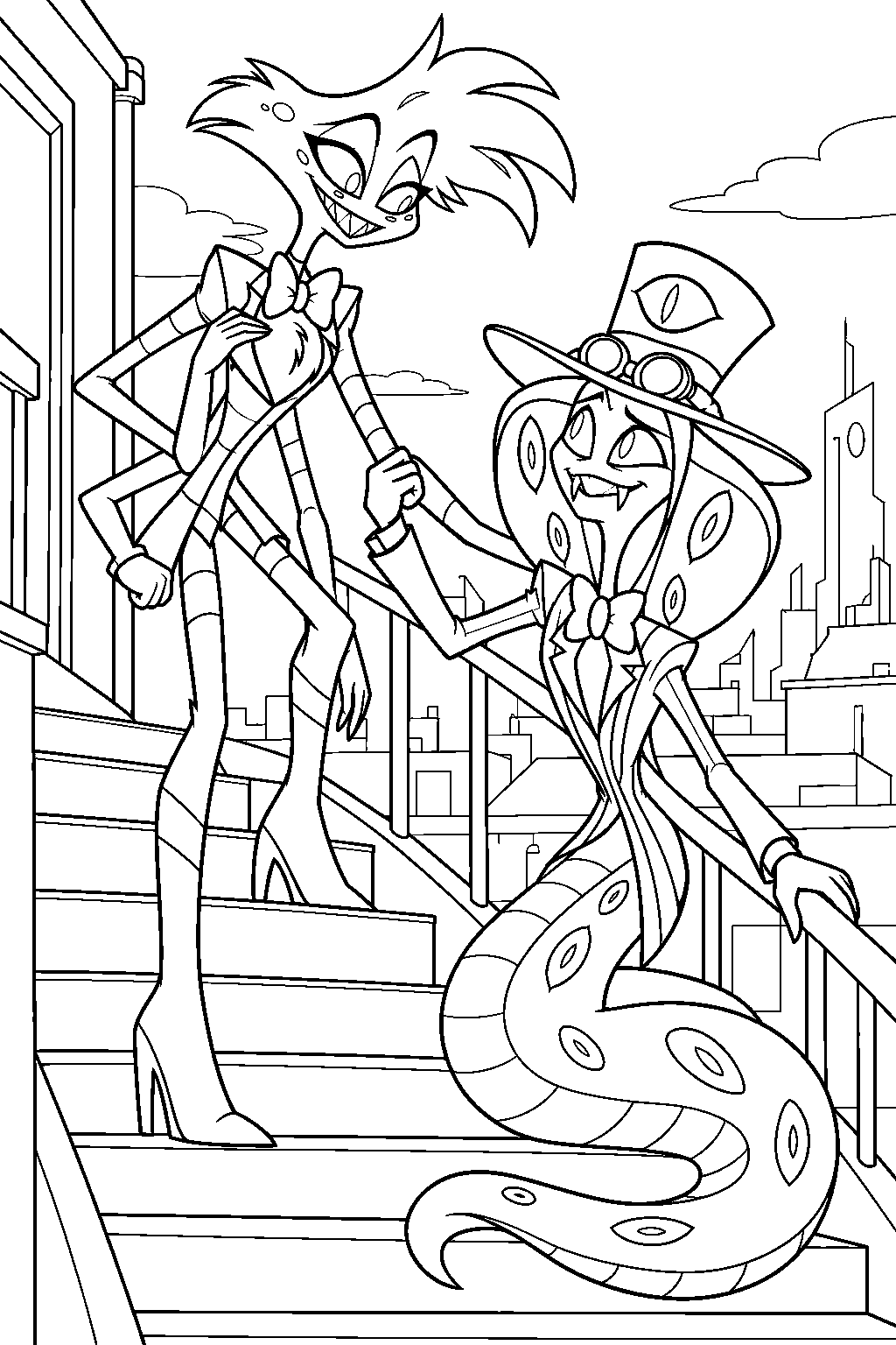 hazbin hotel angel dust helping sir pentious up the rooftop stairs after the turf battle line art