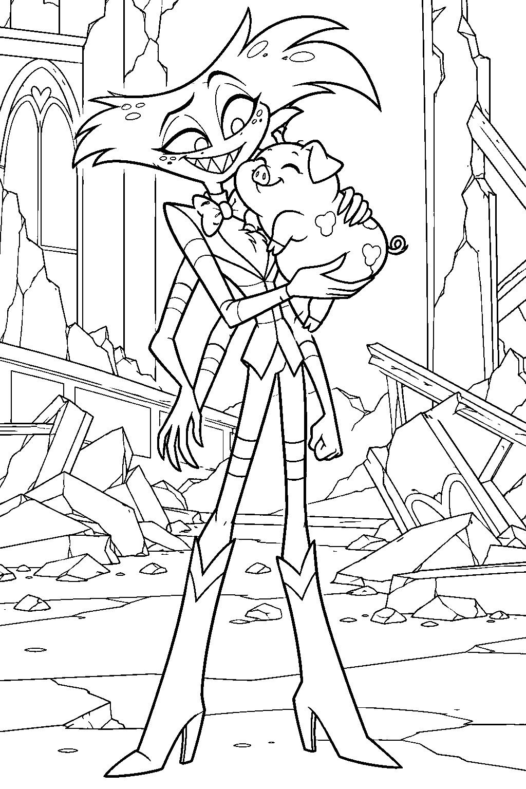 hazbin hotel angel dust hugging fat nuggets after their reunion in the hotel ruins line art