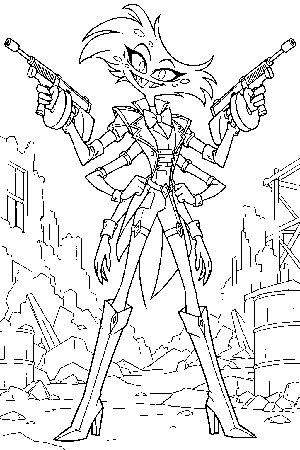 hazbin hotel angel dust in his battle outfit with six arms holding tommy guns line art