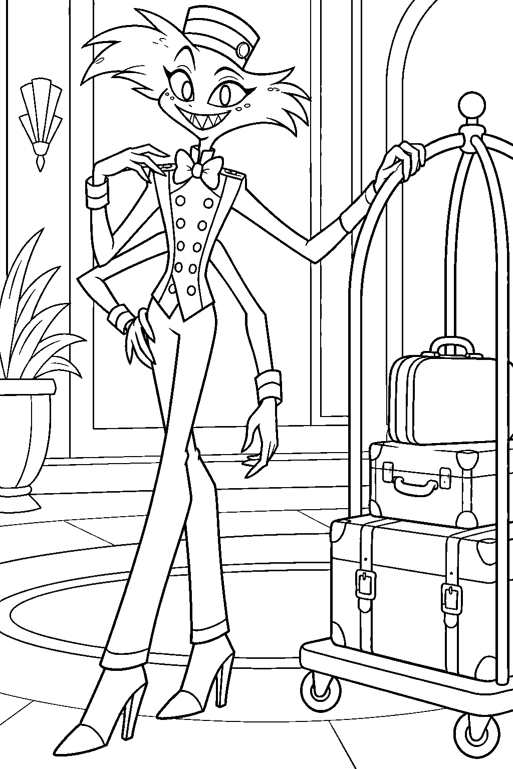 hazbin hotel angel dust in his bellhop uniform beside a luggage trolley line art